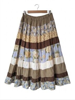 Vtg Lucia Lukken Broomskirtsfliral A Line Maxi Skirt Rayon Yellow Brown